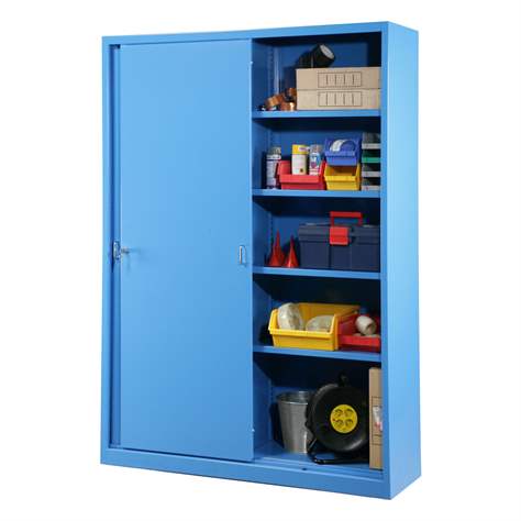 Dulap metalic cu polițe și cu uși glisante - department steel furniture, HxLxl: 1990 x 1400 x 435 mm, culoare albastru deschis RAL 5012 - Malow