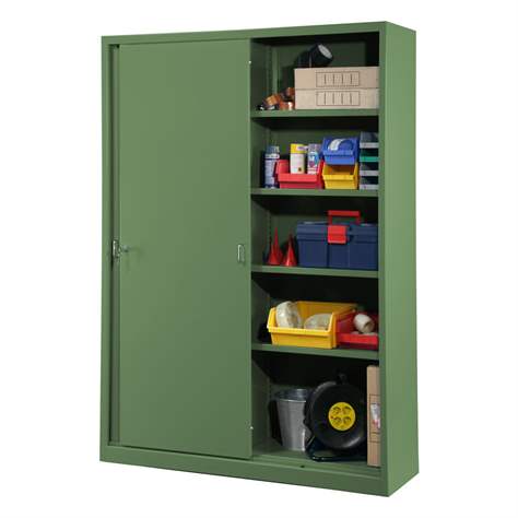 Dulap metalic cu polițe și cu uși glisante - department steel furniture, HxLxl: 1990 x 1400 x 435 mm, culoare verde RAL 6011 - Malow