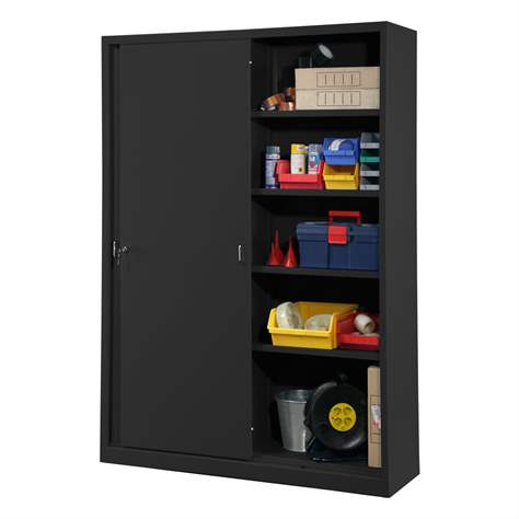 Kovová skříň s posuvnými dveřmi, v x š x h: 1990 x 1400 x 435 mm, barva černá RAL9005 / černá RAL9005 - Malow