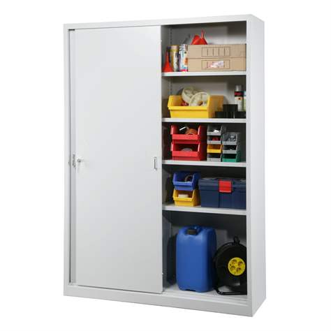 Dulap metalic cu polițe și uși glisante, HxLxl: 1990 x 1400 x 435 mm, culoare gri deschis RAL 7035 - Malow