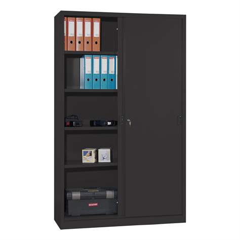 Dulap metalic cu polițe și uși glisante - office steel furniture, HxLxl: 1990 x 1200 x 435 mm, culoare neagră RAL 9005 - Malow