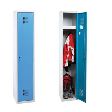 Dulap metalic pentru vestiar, sudat, WEMO, 1 x 300 mm, uși albastru RAL5012, fără picioare, încuietoare tip zăvor rotativ cu blocare în 3 puncte - Malow