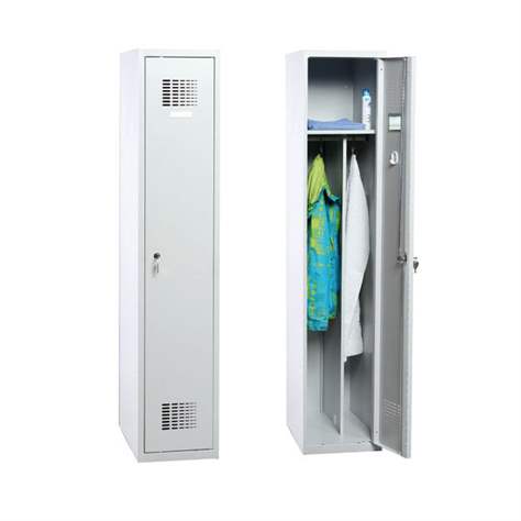 Garderobenschrank WEMO, geschweißt, 1 x 400 mm, Türfarbe Grau RAL7035, ohne Füße, Dreipunkt-Zylinderschloss - Malow