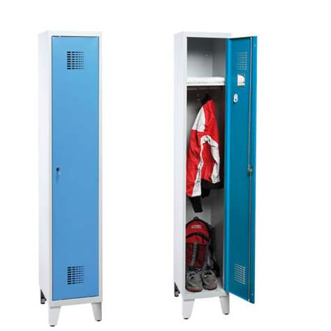 Dulap metalic pentru vestiar, sudat, WEMO, 1 x 300 mm, uși albastru RAL5012, cu picioare, încuietoare cilindrică cu blocare în 3 puncte - Malow