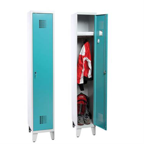 Dulap metalic pentru vestiar, sudat, WEMO, 1 x 300 mm, uși verzi RAL5018, cu picioare, încuietoare tip zăvor rotativ cu blocare în 3 puncte - Malow