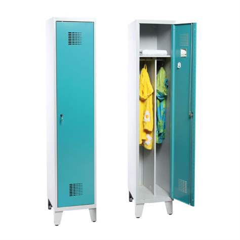 Garderobenschrank WEMO, geschweißt, 1 x 400 mm, Türfarbe Grün RAL5018, mit Füßen, Dreipunkt-Zylinderschloss - Malow