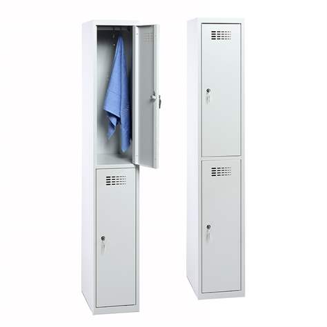 Schließfachschrank WEMO, 2 Abteile, 300x500x1800 mm, Türfarbe Grau RAL7035, ohne Füße, Zylinderschloss - Malow