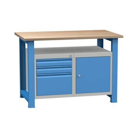 Banc de lucru atelier LxlxH 1200x700x827 mm Kovona, albastru RAL5012, 3 sertare, 1 box container - Kovona Lysa nad Labem