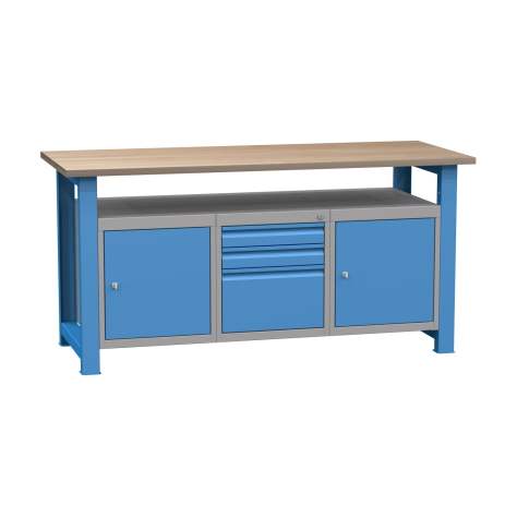 Banc de lucru atelier LxlxH 1700x700x827 mm Kovona, albastru RAL5012, 3 sertare, 2 box container - Kovona Lysa nad Labem