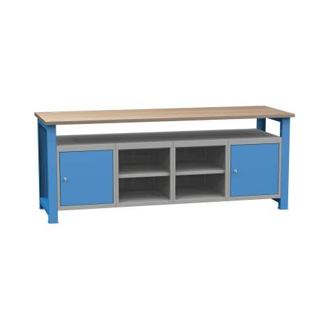 Banc de lucru atelier LxlxH 2100x700x827 mm Kovona, albastru RAL5012, 2 rafturi, 2 box container - Kovona Lysa nad Labem