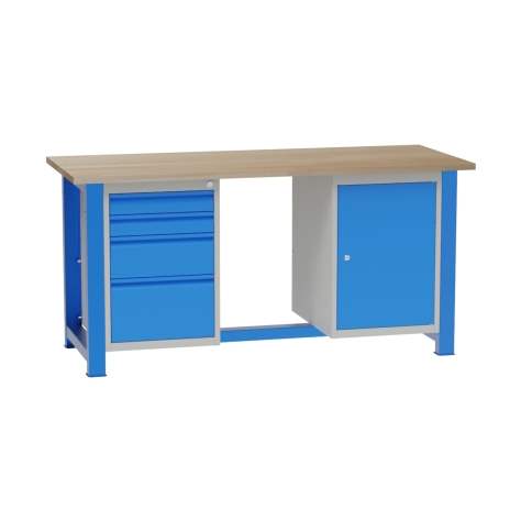 Banc de lucru atelier LxlxH 1700x700x827 mm Kovona, albastru RAL5012, 4 sertare, 1 box container - Kovona Lysa nad Labem