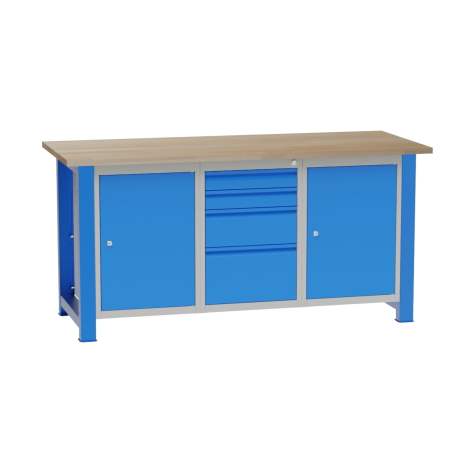 Banc de lucru atelier LxlxH 1700x700x827 mm Kovona, albastru RAL5012, 4 sertare, 2 box container - Kovona Lysa nad Labem