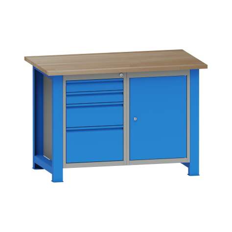 Banc de lucru atelier LxlxH 1200x700x827 mm Kovona, albastru RAL5012, 4 sertare, 1 box container - Kovona Lysa nad Labem