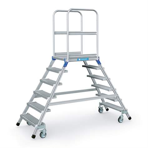 Scară punte cu trepte pe 2 părți - scară platformă cu trepte pe ambele părți, înălțime platformă 1440 mm, 6 fuscele/trepte/trepte tip grătar