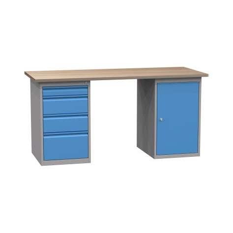 Banc de lucru atelier LxlxH 1700x700x827 mm Kovona, albastru RAL5012/ gri RAL7035, 4 sertare, 1 box container - Kovona Lysa nad Labem
