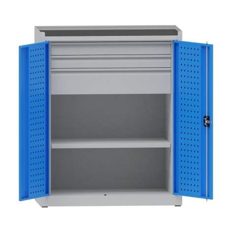 Dílenská skříň na nářadí, v x š x h: 1170x950x500 mm, perforované panely, 1 x police, 3 x zásuvka, barva šedá RAL7035 / modrá RAL5012 - Kovona Lysa nad Labem