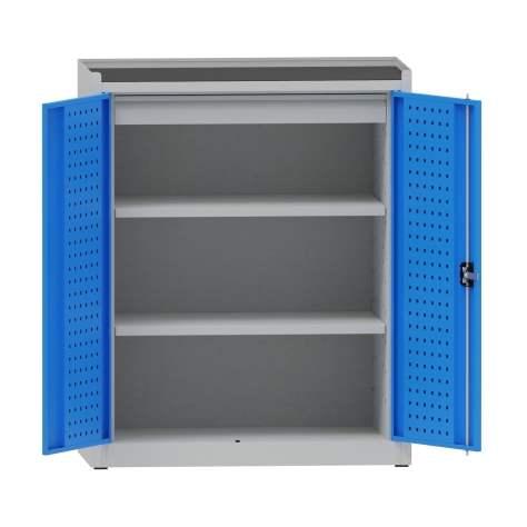 Dílenská skříň na nářadí, v x š x h: 1170x950x500 mm, perforované panely, 2 x police, 1 x zásuvka, barva šedá RAL7035 / modrá RAL5012 - Kovona Lysa nad Labem