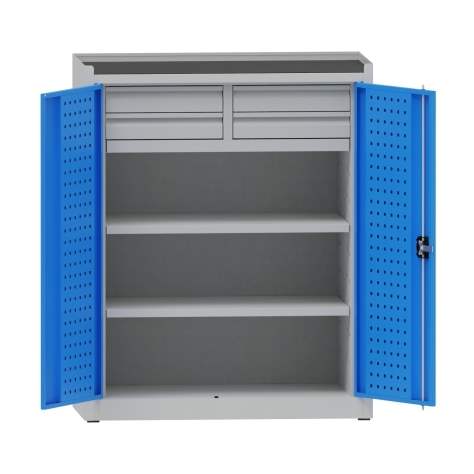 Dílenská skříň na nářadí, v x š x h: 1170x950x500 mm, perforované panely, 2 x police, 4 x zásuvka, barva šedá RAL7035 / modrá RAL5012 - Kovona Lysa nad Labem
