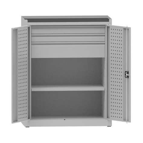 Dílenská skříň na nářadí, v x š x h: 1170x950x500 mm, perforované panely, 1 x police, 3 x zásuvka, barva šedá RAL7035 - Kovona Lysa nad Labem