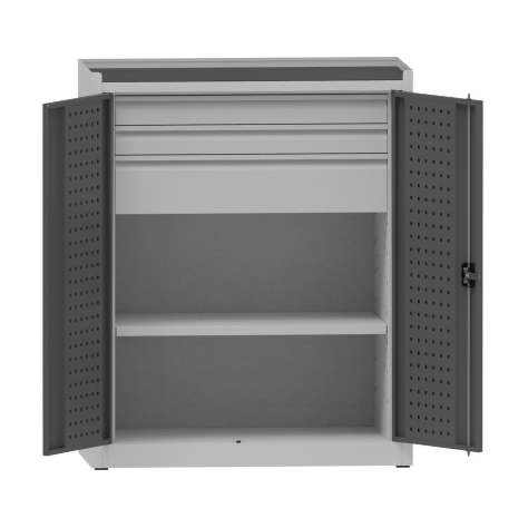 Dílenská skříň na nářadí, v x š x h: 1170x950x500 mm, perforované panely, 1 x police, 3 x zásuvka, barva šedá RAL7035/antracit RAL7016 - Kovona Lysa nad Labem