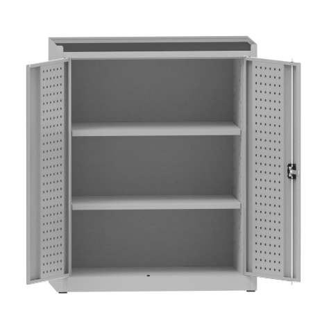 Dílenská skříň na nářadí, v x š x h: 1170x950x500 mm, perforované panely, 2 x police, barva šedá RAL7035 - Kovona Lysa nad Labem