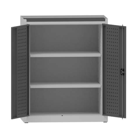 Dílenská skříň na nářadí, v x š x h: 1170x950x500 mm, perforované panely, 2 x police, barva šedá RAL7035/antracit RAL7016 - Kovona Lysa nad Labem