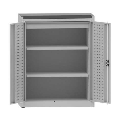 Dílenská skříň na nářadí, v x š x h: 1170x950x500 mm, perforované panely, 2 x police, 1 x zásuvka, barva šedá RAL7035 / šedá RAL7035 - Kovona Lysa nad Labem
