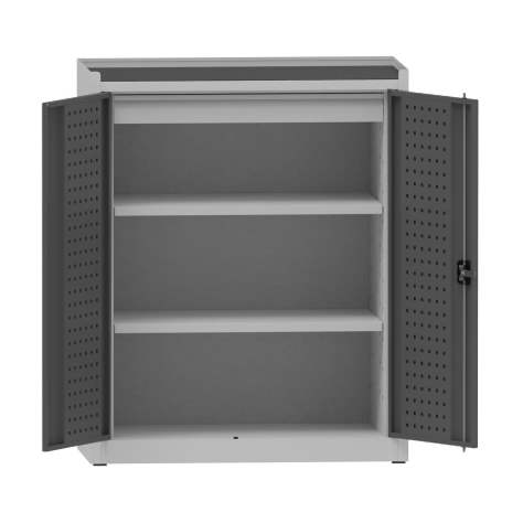 Dílenská skříň na nářadí, v x š x h: 1170x950x500 mm, perforované panely, 2 x police, 1 x zásuvka, barva šedá RAL7035 / antracit RAL7016 - Kovona Lysa nad Labem