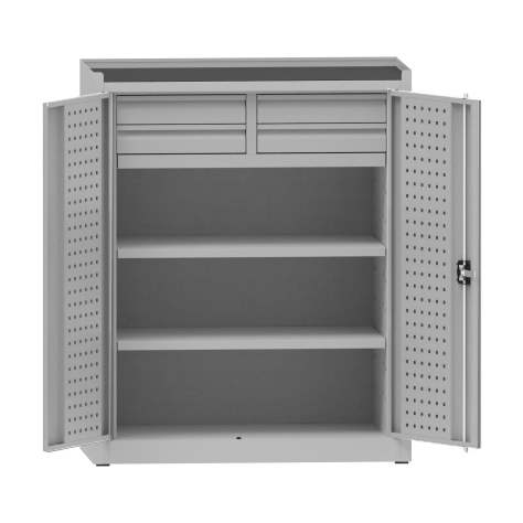 Werkstattschrank mit Lochplatten, 2 Fachböden, 4 Schubladen, HxBxT: 1170x950x500 mm, Lichtgrau RAL7035 - Kovona Lysa nad Labem