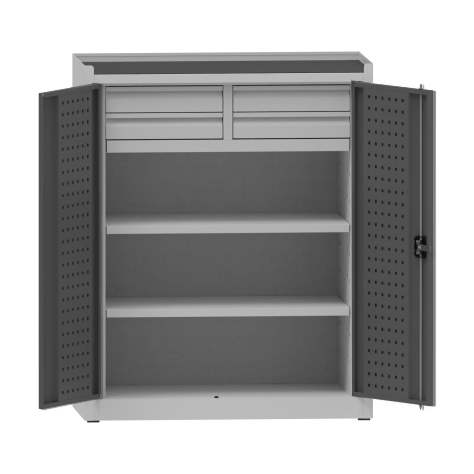 Dílenská skříň na nářadí, v x š x h: 1170x950x500 mm, perforované panely, 2 x police, 4 x zásuvka, barva šedá RAL7035 / antracit RAL7016 - Kovona Lysa nad Labem