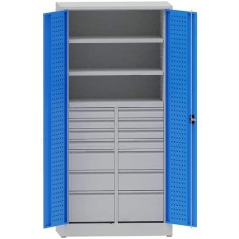 Werkstattschrank mit Lochplatten, 2 Fachböden, 14 Schubladen, HxBxT: 1950x950x500 mm, Lichtgrau RAL7035/Lichtblau RAL5012 - Kovona Lysa nad Labem