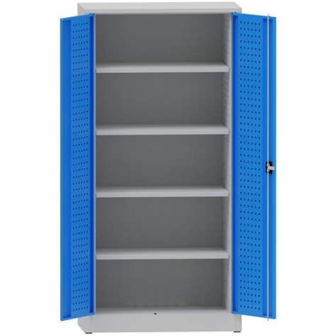 Dílenská skříň na nářadí, v x š x h: 1950x950x500 mm, perforované panely, 4 x police, barva šedá RAL7035 / modrá RAL5012 - Kovona Lysa nad Labem