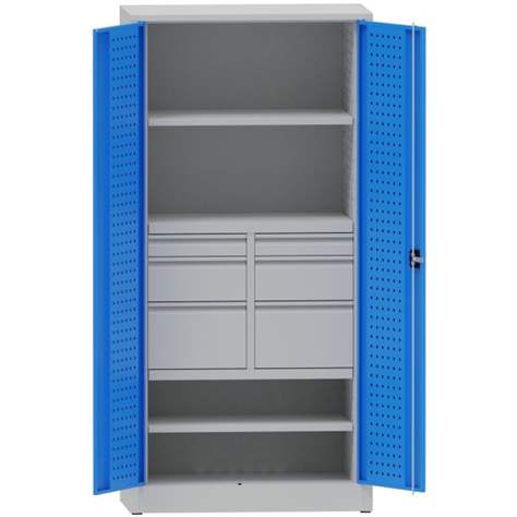 Werkstattschrank mit Lochplatten, 2 Fachböden, 6 Schubladen, HxBxT: 1950x950x500 mm, Lichtgrau RAL7035/Lichtblau RAL5012 - Kovona Lysa nad Labem