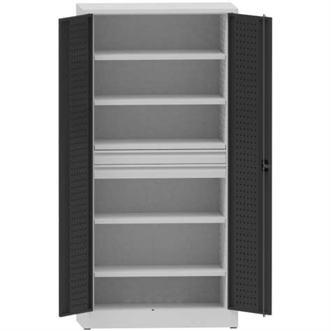 Dílenská skříň na nářadí, v x š x h: 1950x950x500 mm, perforované panely, 4 x police, 2 x zásuvka, barva šedá RAL7035/antracit RAL7016 - Kovona Lysa nad Labem