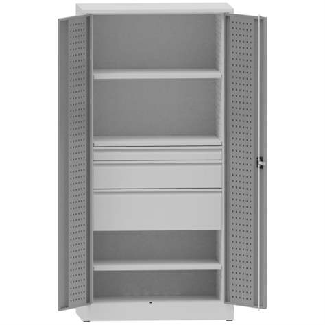 Werkstattschrank mit Lochplatten, 2 Fachböden, 3 Schubladen, HxBxT: 1950x950x500 mm, Lichtgrau RAL7035 - Kovona Lysa nad Labem