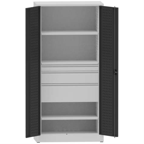 Werkstattschrank mit Lochplatten, 2 Fachböden, 3 Schubladen, HxBxT: 1950x950x500 mm, Lichtgrau RAL7035/Anthracit RAL7016 - Kovona Lysa nad Labem