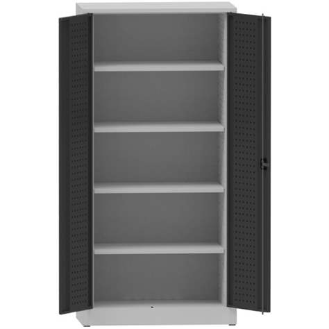 Dílenská skříň na nářadí, v x š x h: 1950x950x500 mm, perforované panely, 4 x police, barva šedá RAL7035/antracit RAL7016 - Kovona Lysa nad Labem
