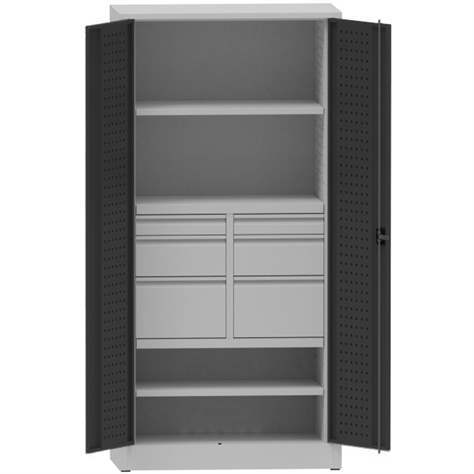 Werkstattschrank mit Lochplatten, 2 Fachböden, 6 Schubladen, HxBxT: 1950x950x500 mm, Lichtgrau RAL7035/Anthracit RAL7016 - Kovona Lysa nad Labem