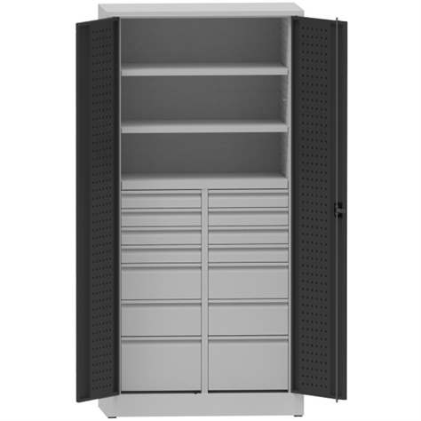 Werkstattschrank mit Lochplatten, 2 Fachböden, 14 Schubladen, HxBxT: 1950x950x500 mm, Lichtgrau RAL7035/Anthracit RAL7016 - Kovona Lysa nad Labem