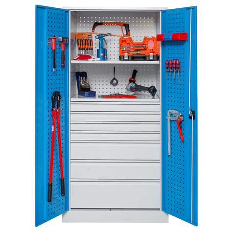 Werkstattschrank mit Lochplatten, 2 Fachböden, 7 Schubladen, HxBxT: 1950x950x500 mm, Lichtgrau RAL7035 - Kovona Lysa nad Labem - Bild4