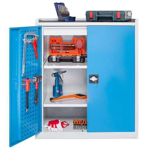 Dílenská skříň na nářadí, v x š x h: 1170x950x500 mm, perforované panely, 2 x police, 1 x zásuvka, barva šedá RAL7035 / antracit RAL7016 - Kovona Lysa nad Labem - obrázek4