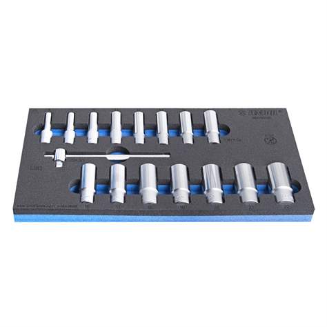 Sada dlouhých hlavic 3/8", 6 hran (8-22) a T vratidlo, UNIOR, 16 ks - UNIOR Slovenia