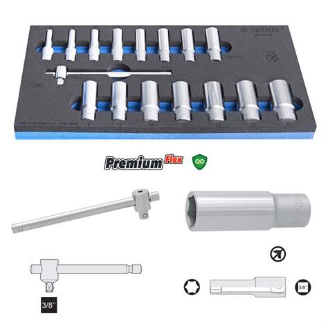 Sada dlouhých hlavic 3/8", 6 hran (8-22) a T vratidlo, UNIOR, 16 ks - UNIOR Slovenia - obrázek2