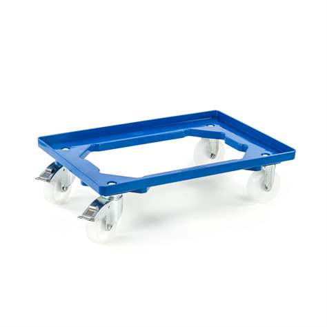 Transportroller 600 x 400 mm, offen, 4 Lenkrollen (2 mit Bremse) mit Kunstoffräder, Farbe blau.