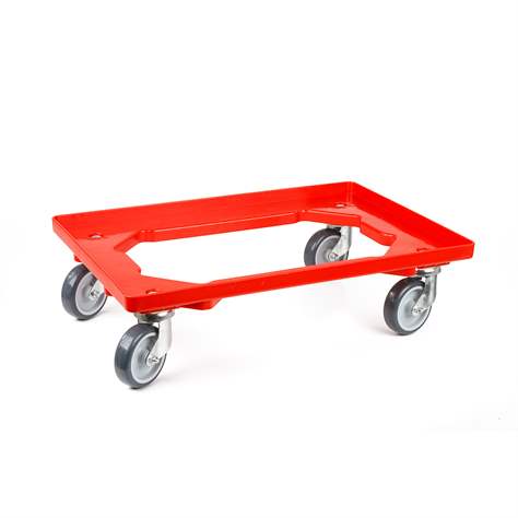 Transportroller 600 x 400 mm, offen, 4 Lenkrollen mit Gummirädern, Farbe rot