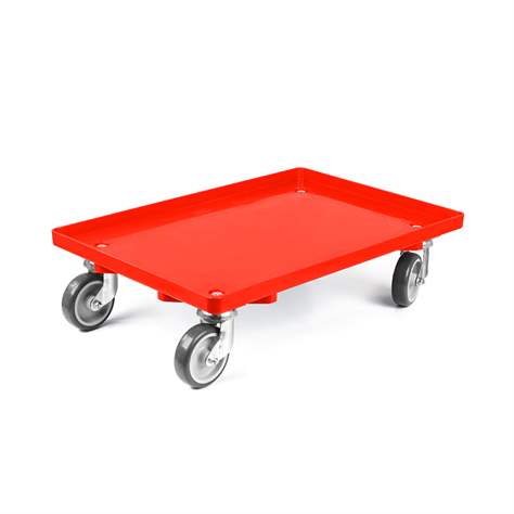 Transportroller 600 x 400 mm, geschlossen, 4 Lenkrollen mit Gummirädern, Farbe rot