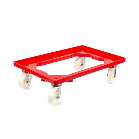 Transportroller 600 x 400 mm, offen, 4 Lenkrollen mit Kunstoffräder, Farbe rot