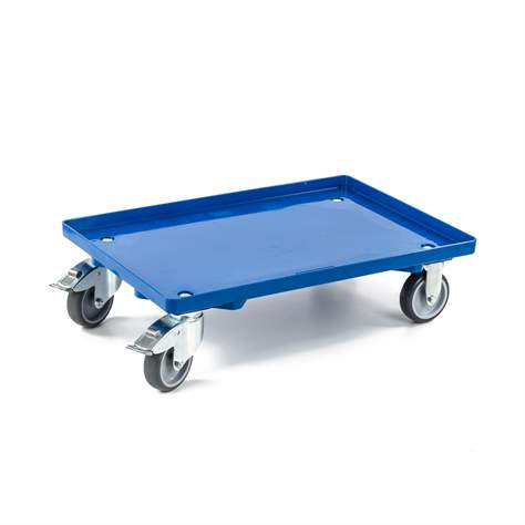 Transportroller 600 x 400 mm, geschlossen, 4 Lenkrollen mit Gummirädern (2 mit Bremse), Farbe blau