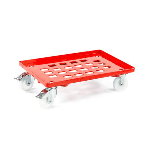 Transportroller 600 x 400 mm, mit Gitterfläche, 4 Lenkrollen mit Kunstoffräder (2 mit Bremse), Farbe rot