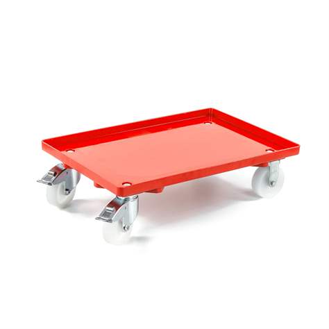 Transportroller 600 x 400 mm, geschlossen, 4 Lenkrollen mit Kunstoffräder (2 mit Bremse), Farbe rot
